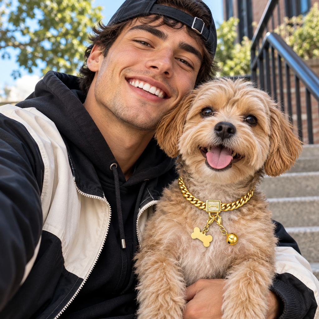 A young man taking a smartphone selfie with his small dog wearing the gold Cuban chain collar