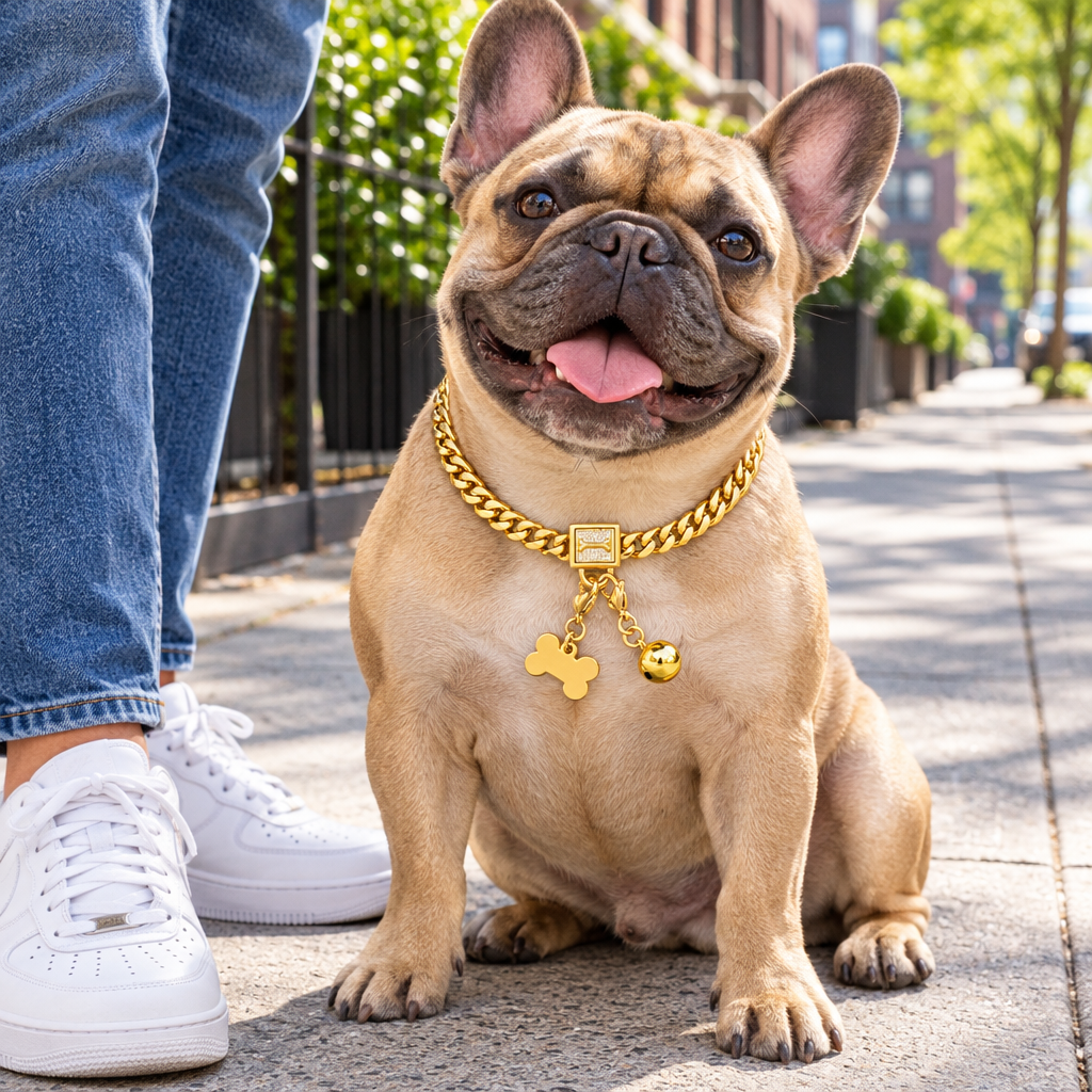 A happy French bulldog wearing the polished gold Cuban chain dog collar with ID tag