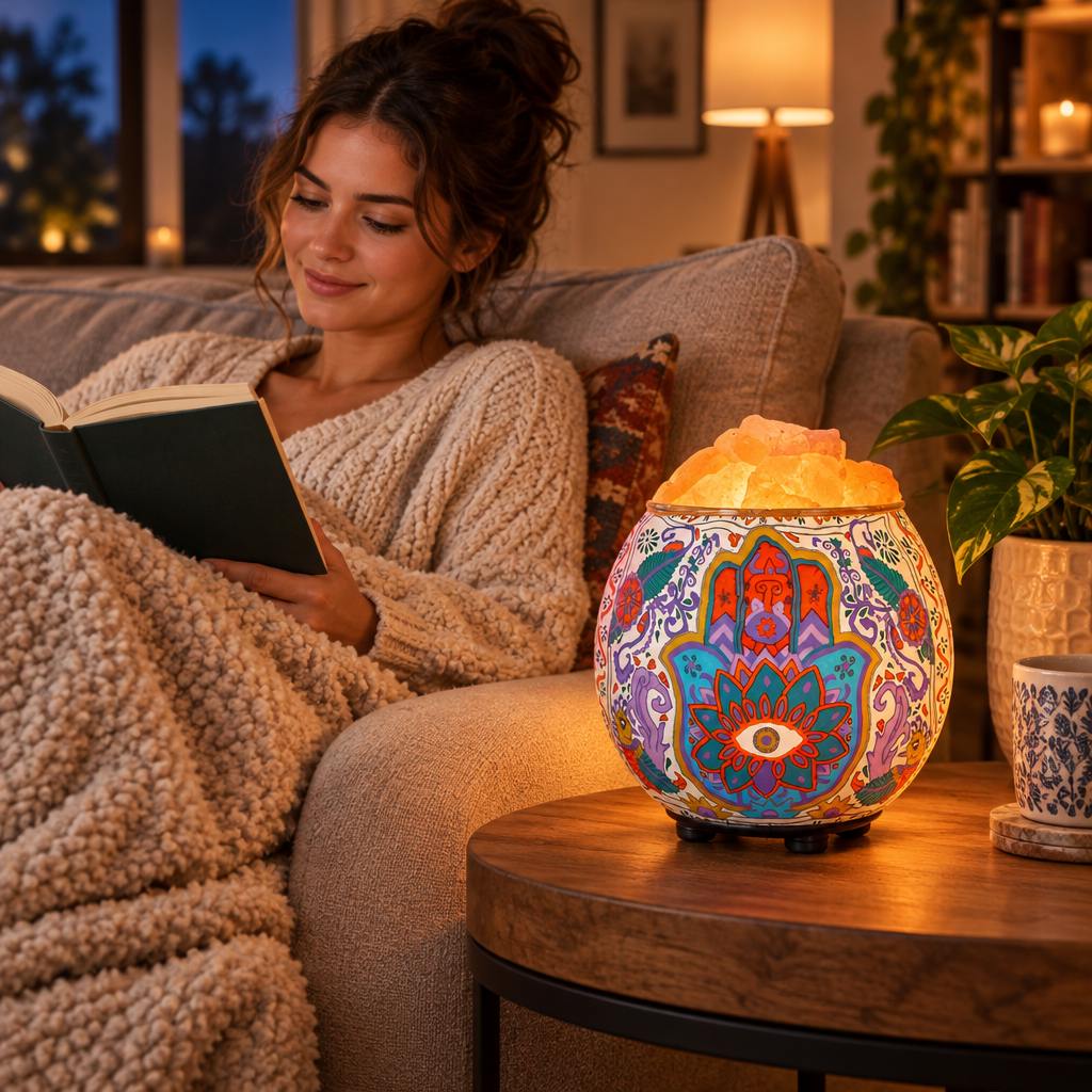 Woman reading on a sofa at night beside the glowing Himalayan salt lamp in a carved bowl