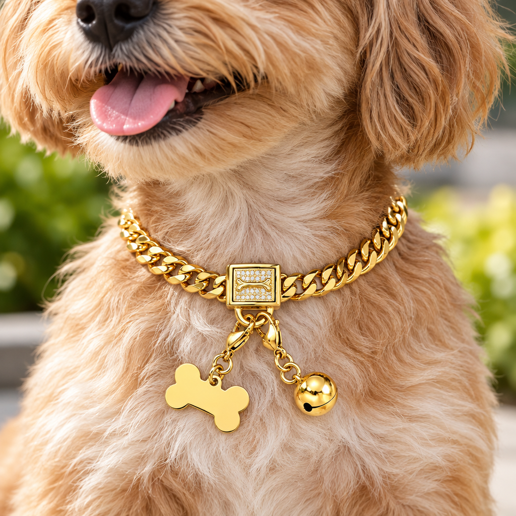 Close-up of the gold Cuban link dog collar on a small dog's neck
