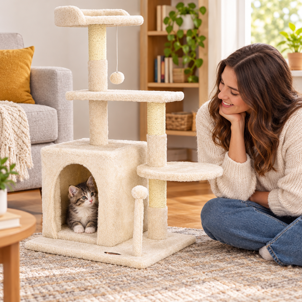 A kitten peeking out of the cozy condo of the compact cat tree while its owner sits nearby on the floor smiling