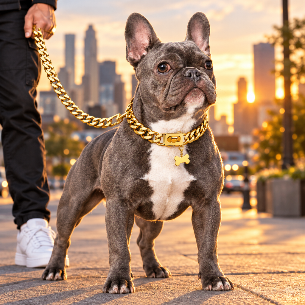 A muscular pit bull wearing the wide heavy-duty gold Cuban link collar