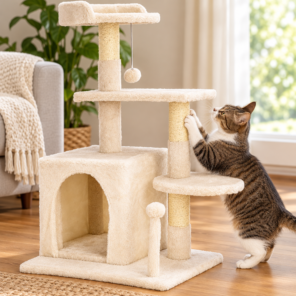Close-up of a cat scratching the sisal post of the compact cat tree