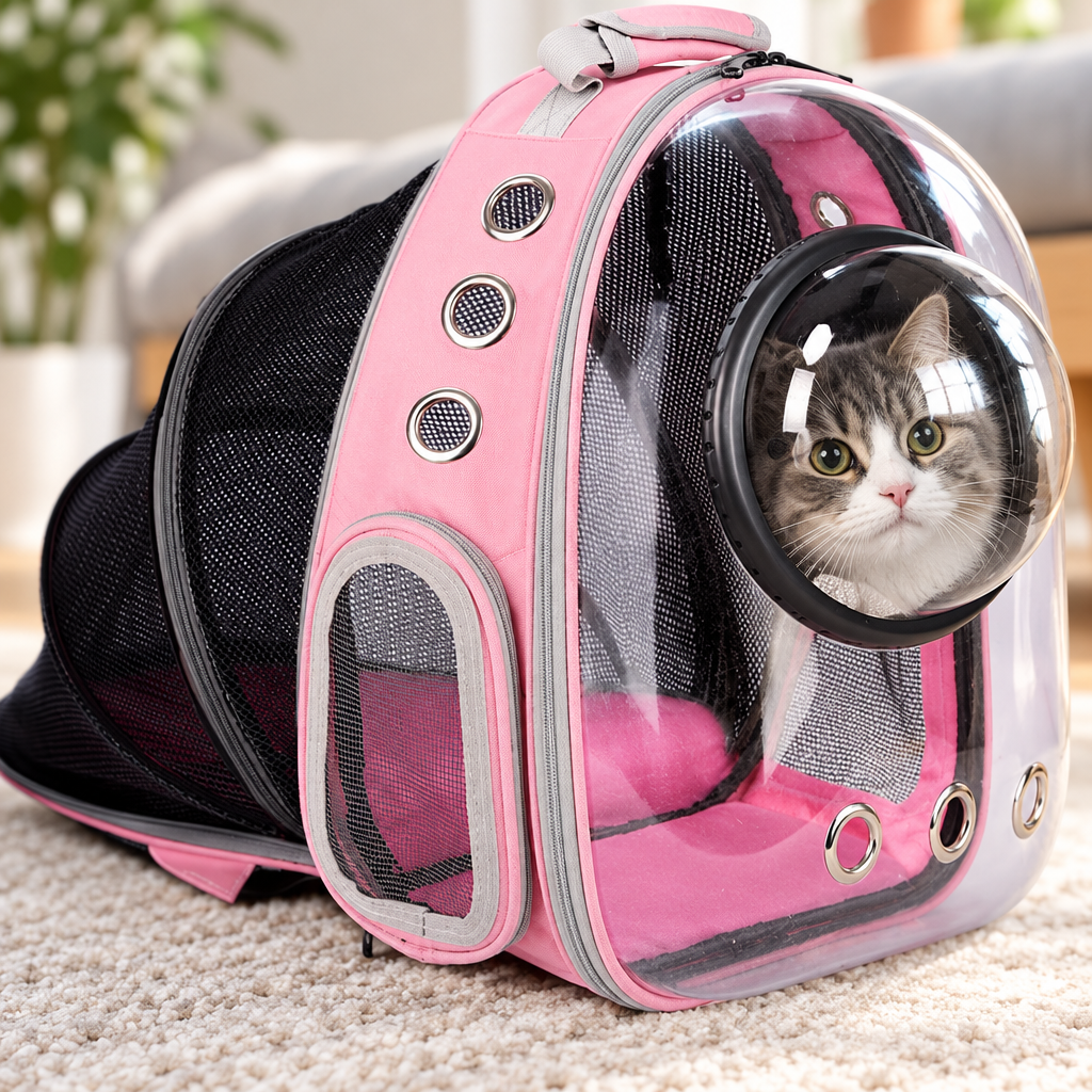 Close-up of a cat's face peering through the clear bubble window of the pet backpack