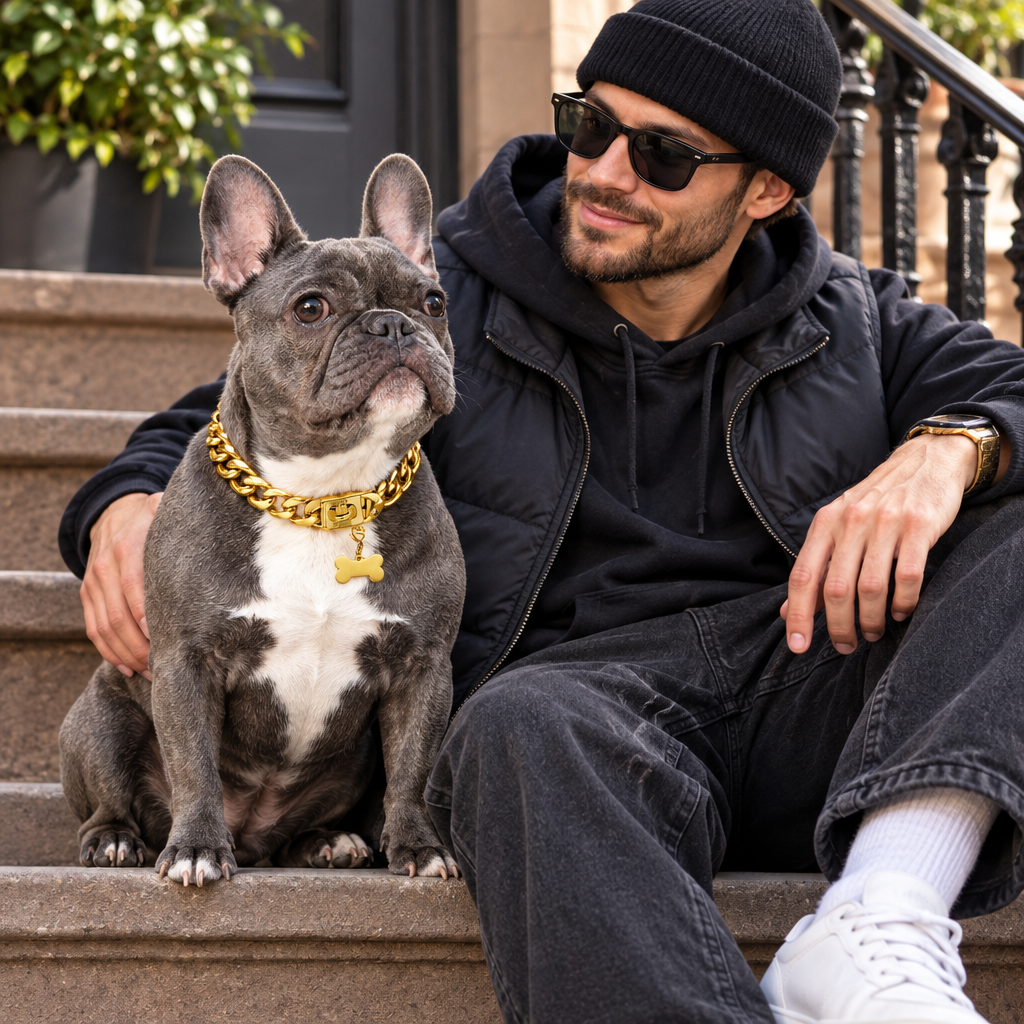 A large dog with the gold Cuban link collar sitting next to its owner on stoop steps