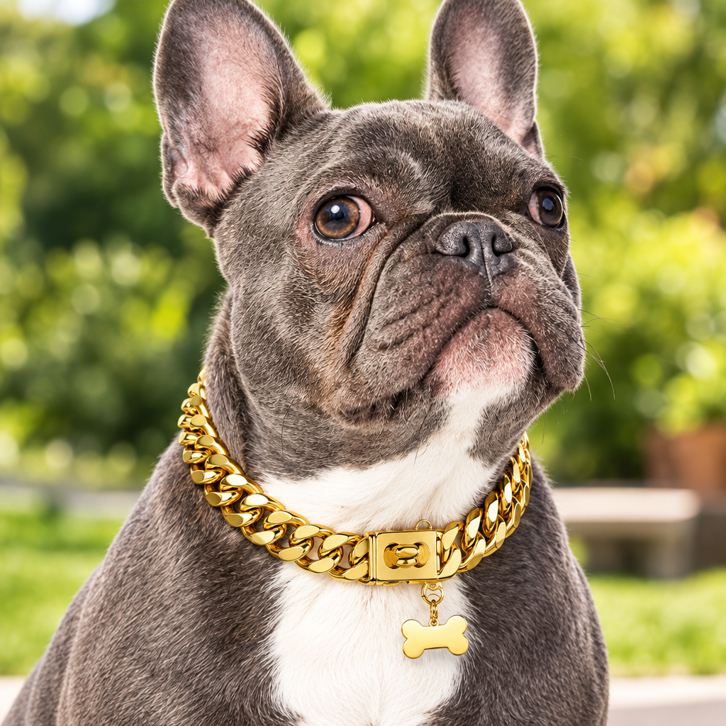 Close-up of the wide 19 mm gold Cuban link collar around a large dog's neck