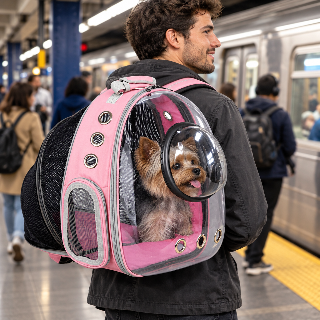 A man on a city subway platform wearing the bubble window pet backpack with a small dog inside looking around