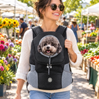 A smiling woman walking through a farmers market wearing the front pet carrier backpack