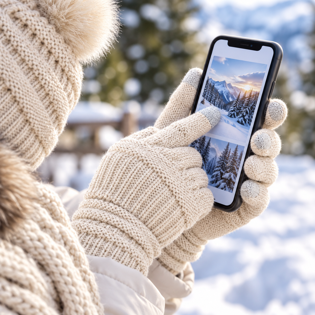 Close-up of a gloved hand from the knit set scrolling on a smartphone touchscreen outdoors in winter