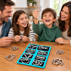 A family laughing around a kitchen table trying to solve the metal wire brain teaser puzzles