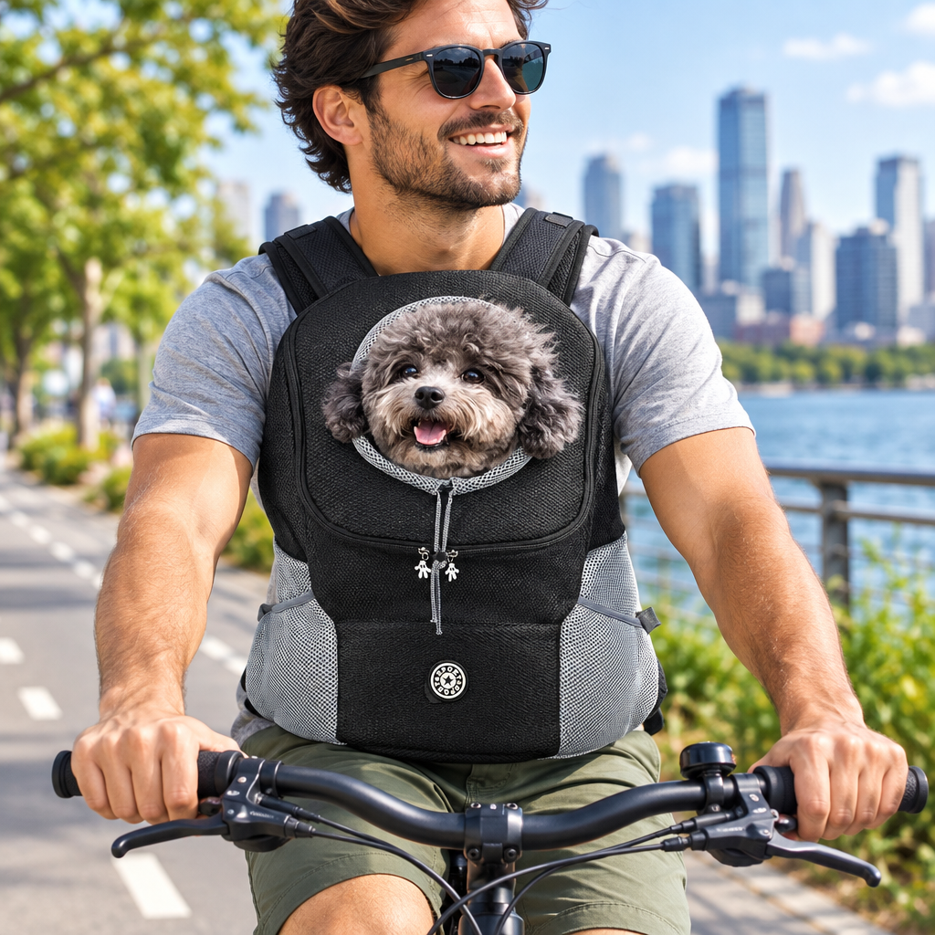 A man riding a city bike path wearing the front pet carrier backpack with his small dog enjoying the breeze