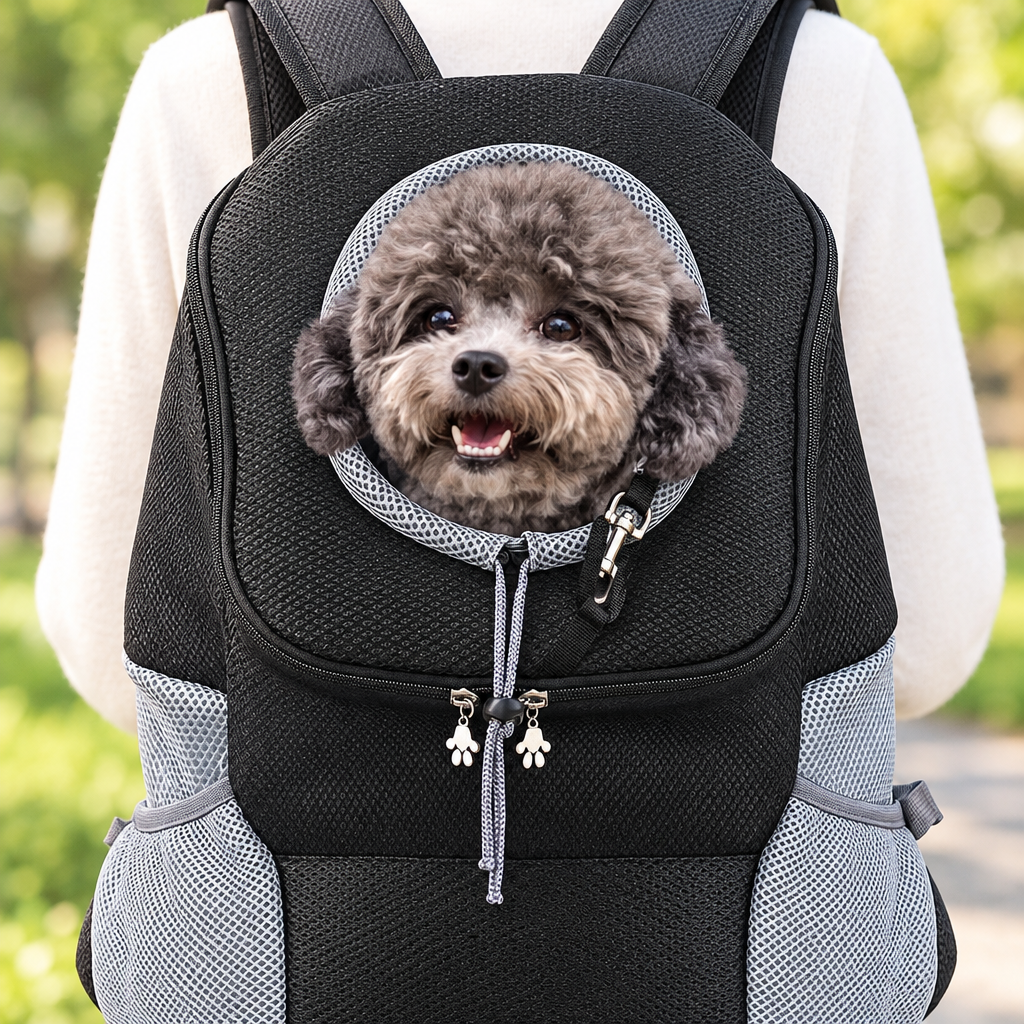 Close-up of a small dog's head out of the front pet carrier backpack opening