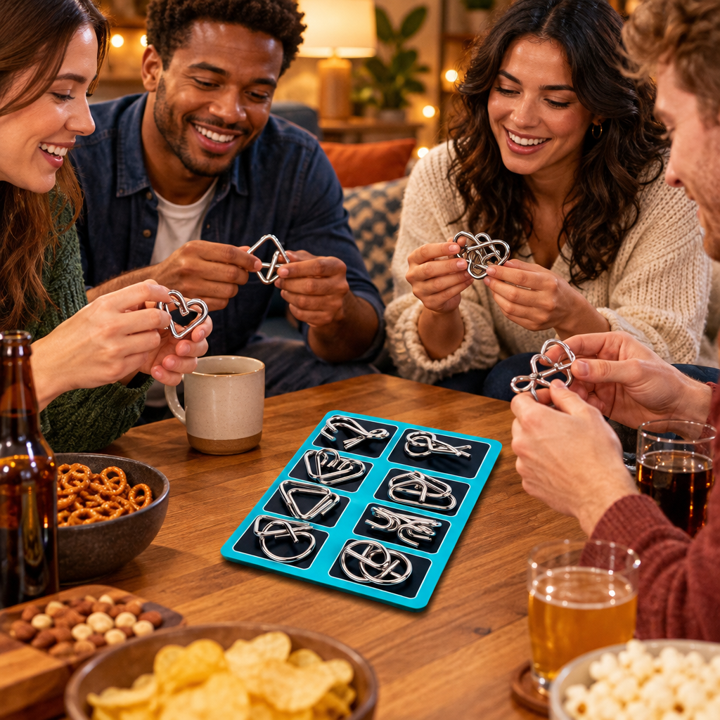 Friends at a cozy coffee table game night passing around the metal wire brain teaser puzzles