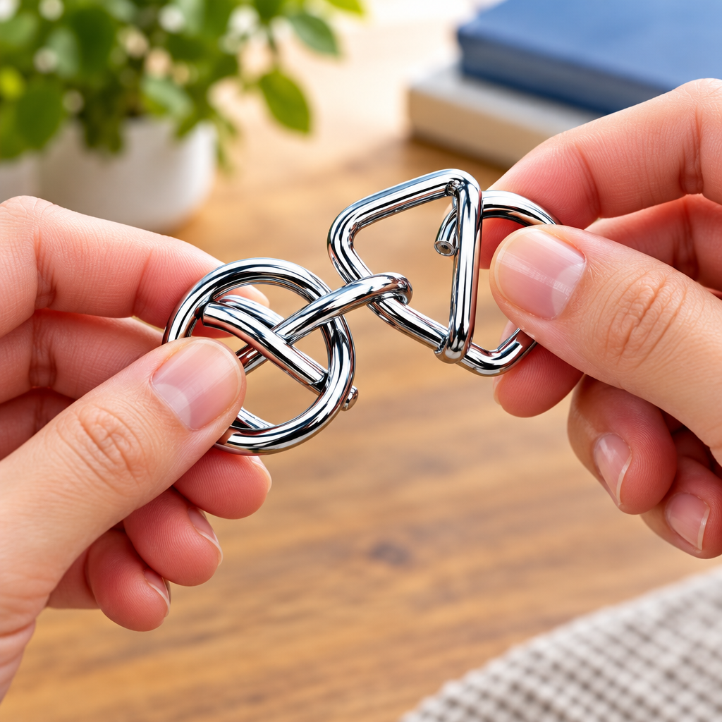Close-up of two hands twisting and separating a metal wire brain teaser puzzle