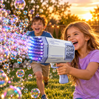 Excited kids in a backyard at sunset running through a huge cloud of bubbles from the light-up bubble machine gun