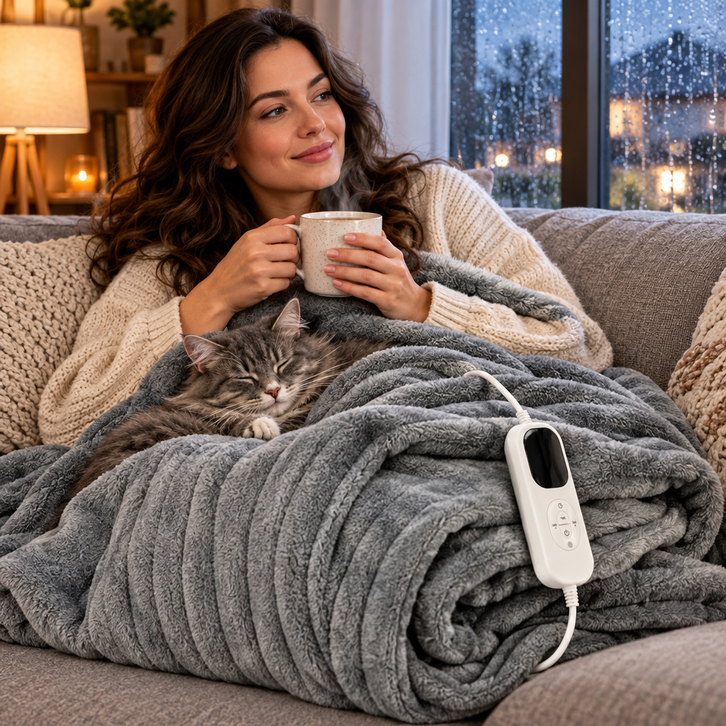 A woman curled up on a sofa under the smart heated blanket with a mug of tea and a cat on her lap