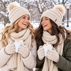 Two friends in a winter park wearing the matching knit beanie, scarf and gloves set