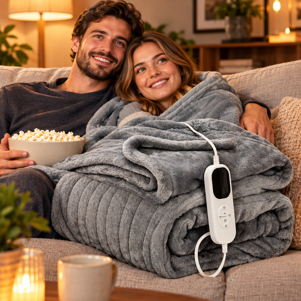 A couple watching a movie on the couch wrapped together in the smart heated blanket
