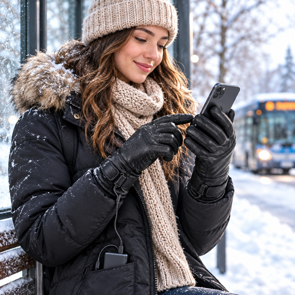 Woman at a snowy bus stop using her phone while wearing the USB heated touchscreen gloves