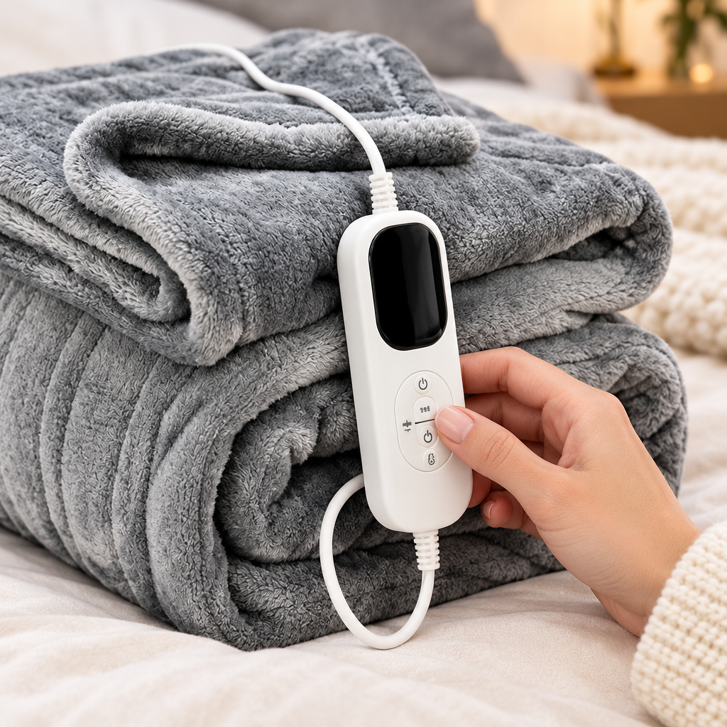 Close-up of a hand adjusting the temperature controller of the smart heated blanket