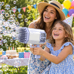 A parent and child at a birthday party in the park filling the air with bubbles from the light-up bubble machine gun