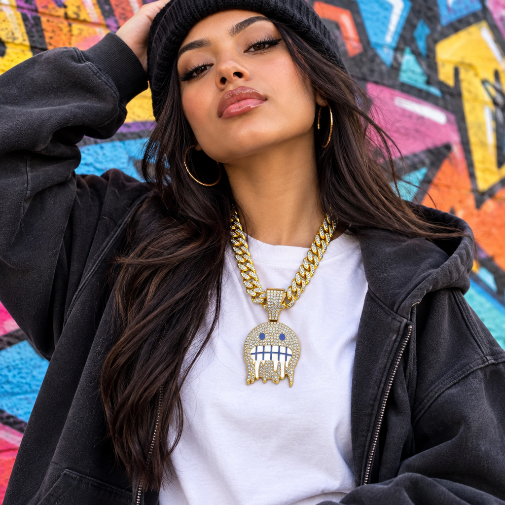A young woman in an oversized streetwear outfit wearing the iced face pendant chain