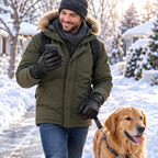A man walking his dog on an icy winter morning wearing the heated touchscreen gloves