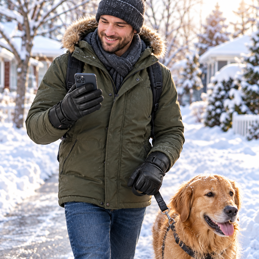 A man walking his dog on an icy winter morning wearing the heated touchscreen gloves
