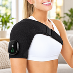 Close-up of the heated shoulder wrap on someone's shoulders showing the soft breathable fabric and USB-C charging port