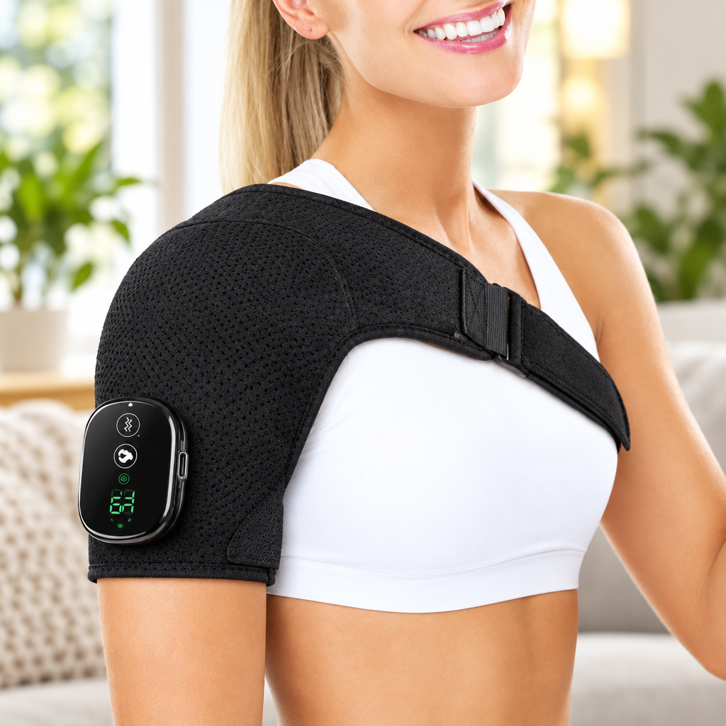 Close-up of the heated shoulder wrap on someone's shoulders showing the soft breathable fabric and USB-C charging port