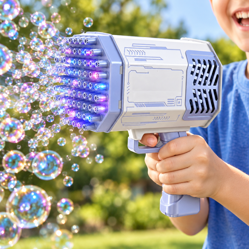 Close-up of a child's hands holding the light-up bubble machine gun as thousands of bubbles burst out of the many holes