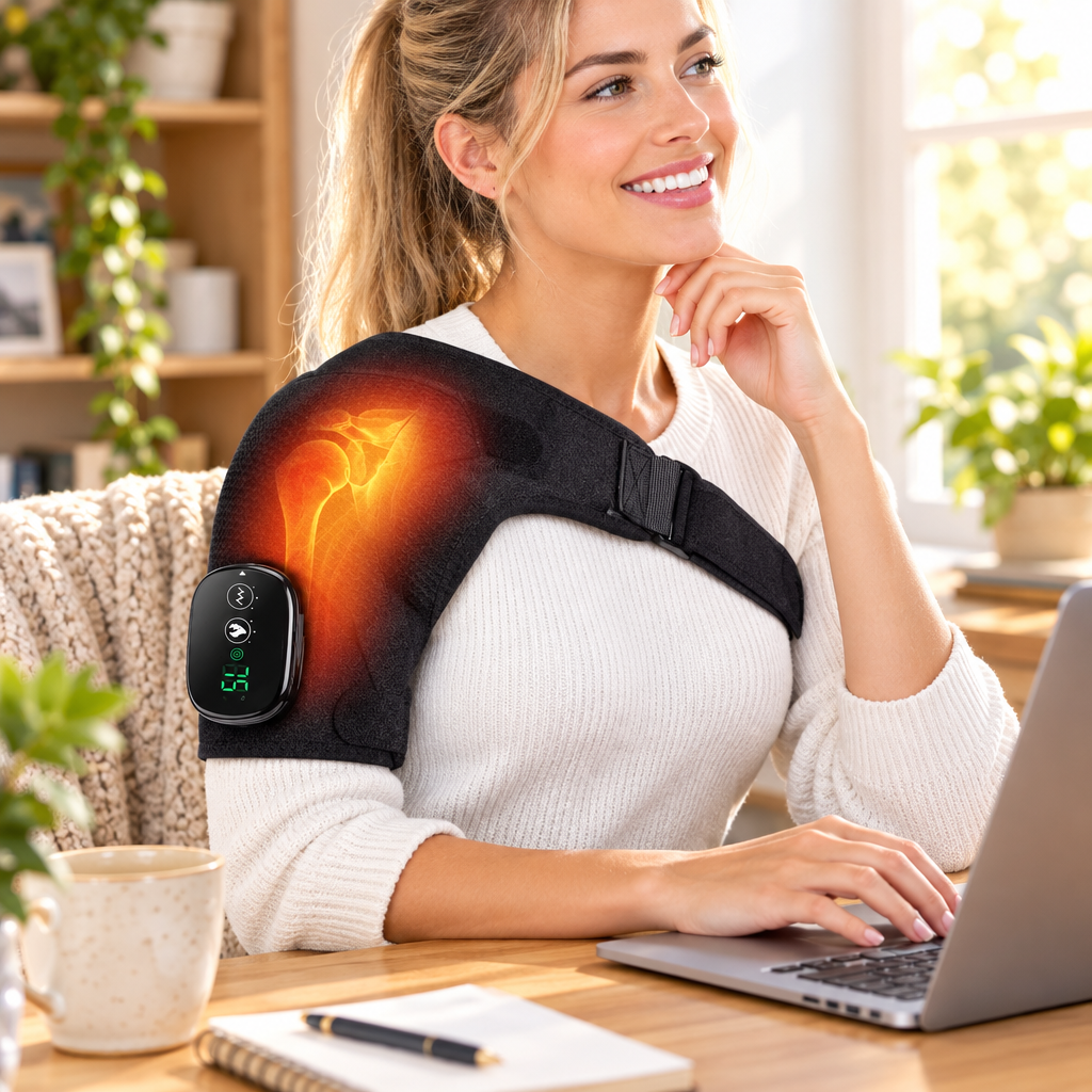 A woman working at a home desk wearing the rechargeable heated shoulder wrap draped over her shoulders