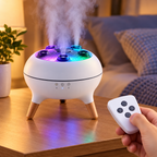Close-up of the jellyfish humidifier releasing cool mist with its colorful night light on