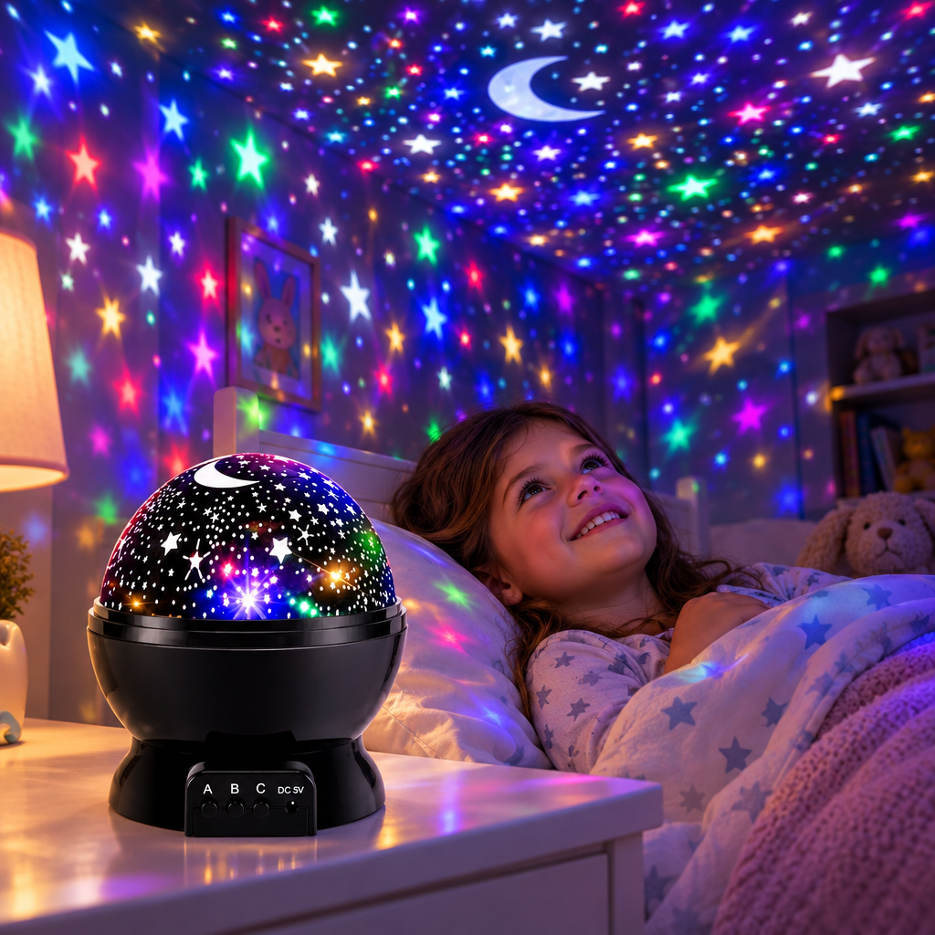 A child's bedroom at night filled with colorful stars from the rotating star projector