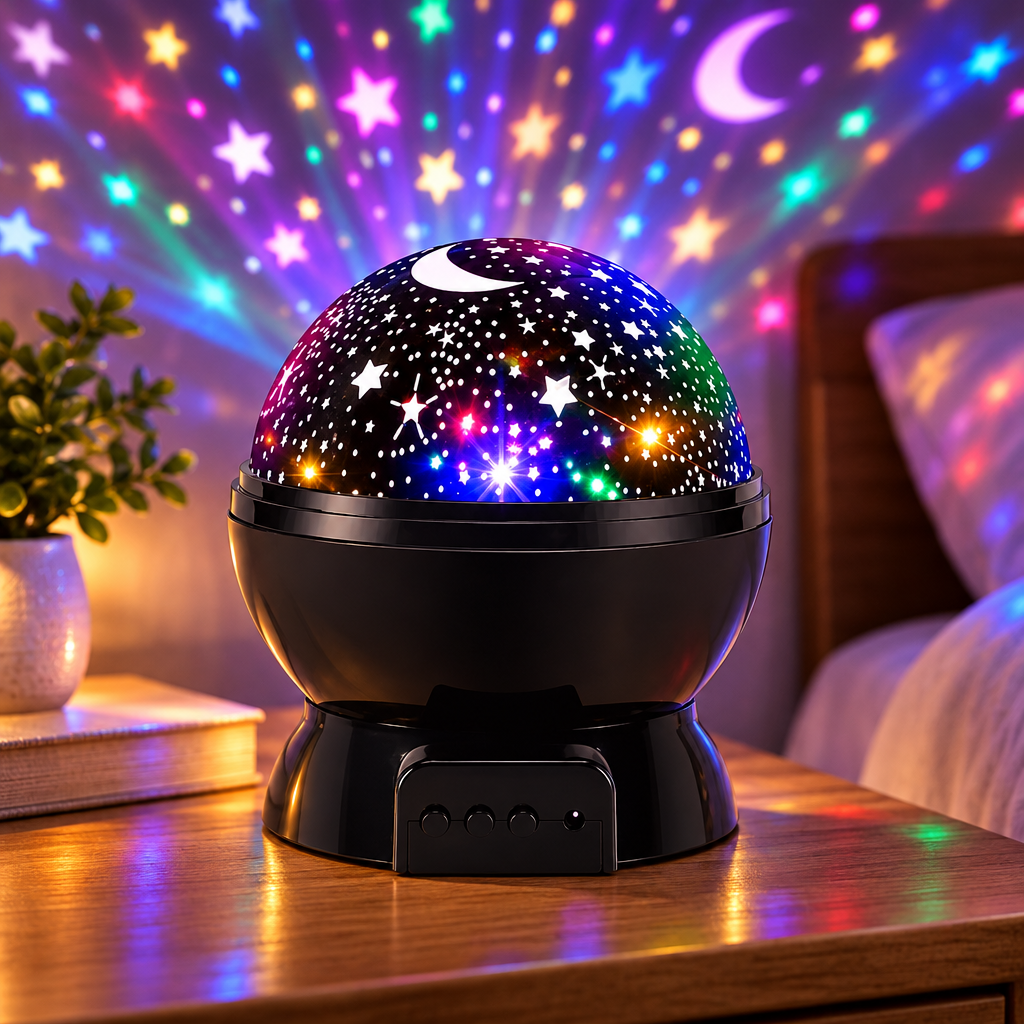 Close-up of the rotating star projector night light glowing on a nightstand