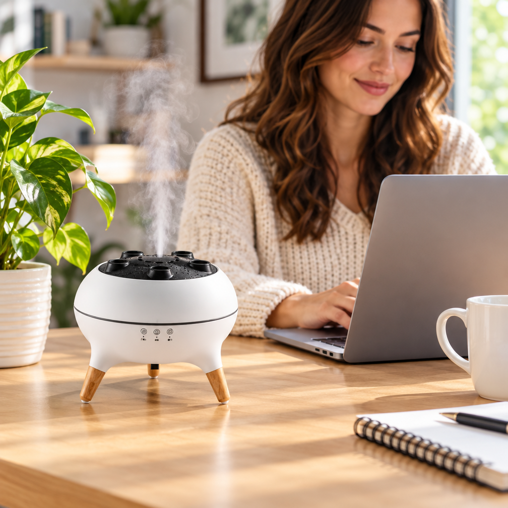 A home office desk with the jellyfish aroma diffuser misting next to a laptop and plant
