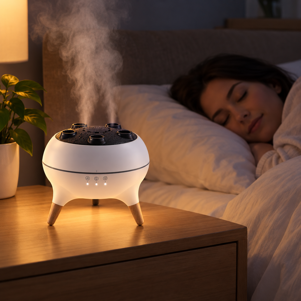 A dim bedroom at night with the jellyfish humidifier glowing softly on a nightstand
