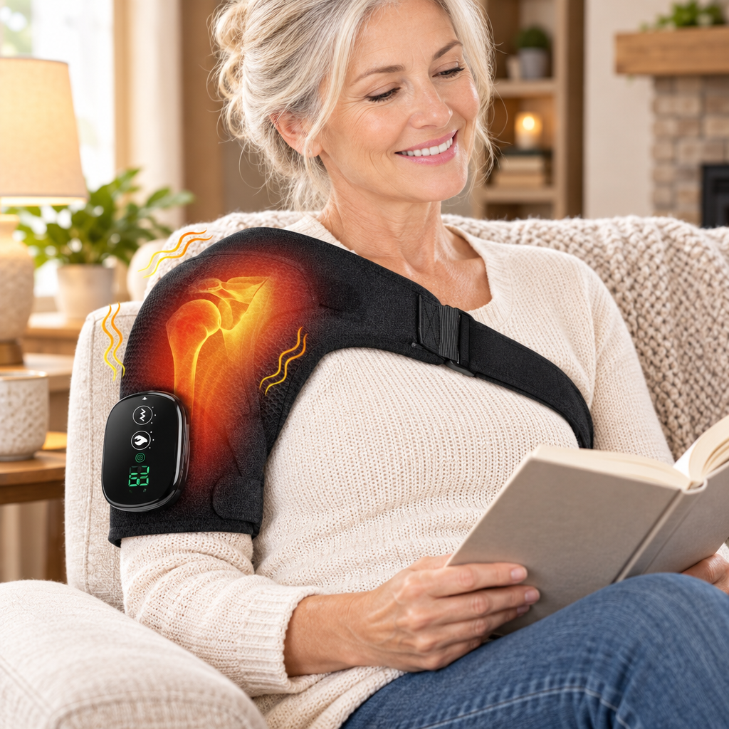 An older woman relaxing in an armchair with a book while wearing the heated shoulder wrap