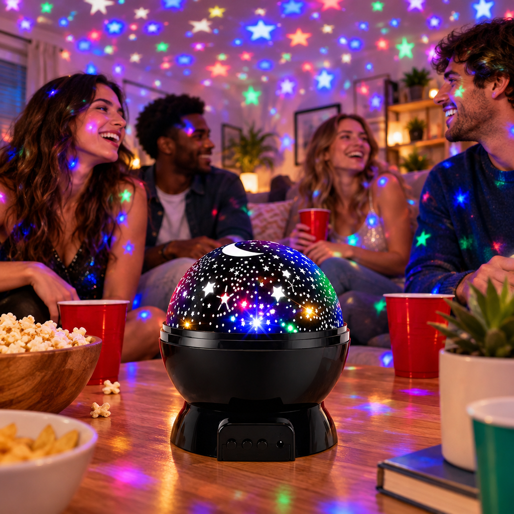 Friends at a small house party in a living room bathed in colorful stars from the rotating star projector