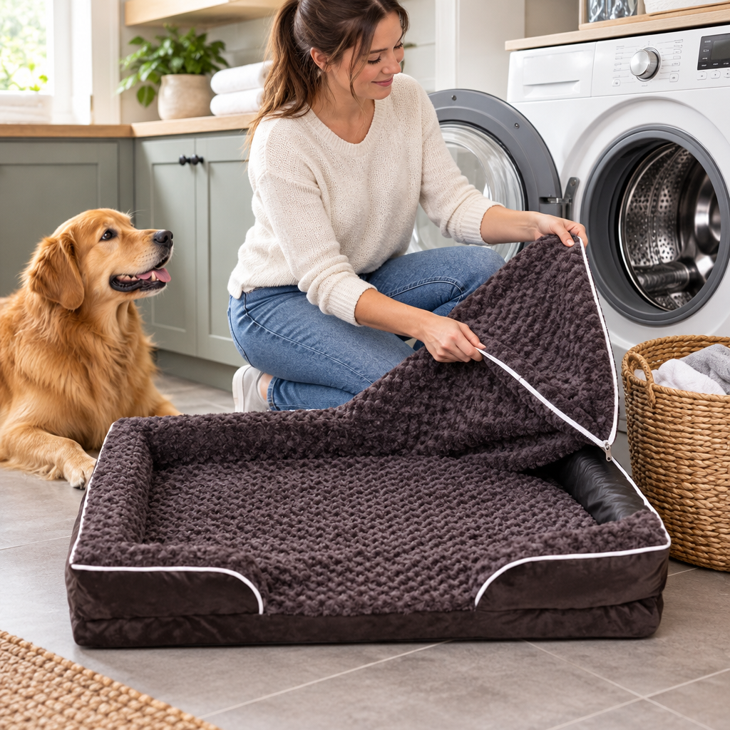 A person unzipping the removable cover of the waterproof dog bed to toss it in the washing machine