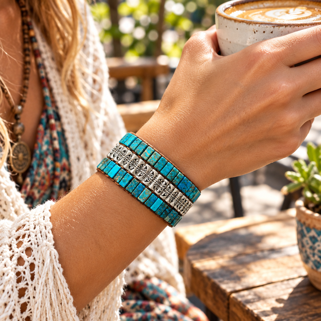 A woman's wrist wearing the triple-layer natural stone bead bracelet while holding a coffee cup at a sunny cafe