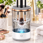 Close-up of a makeup brush spinning inside the electric brush cleaner