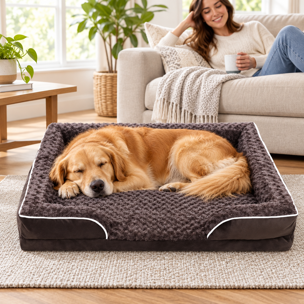 A happy golden retriever sleeping on the waterproof washable dog bed in a bright living room
