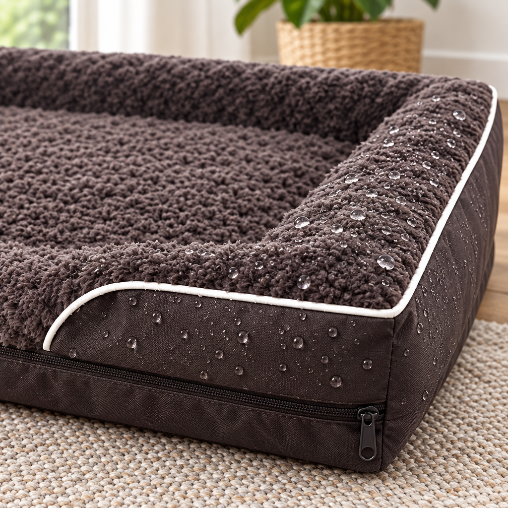 Close-up of water droplets beading on the waterproof cover of the dog bed