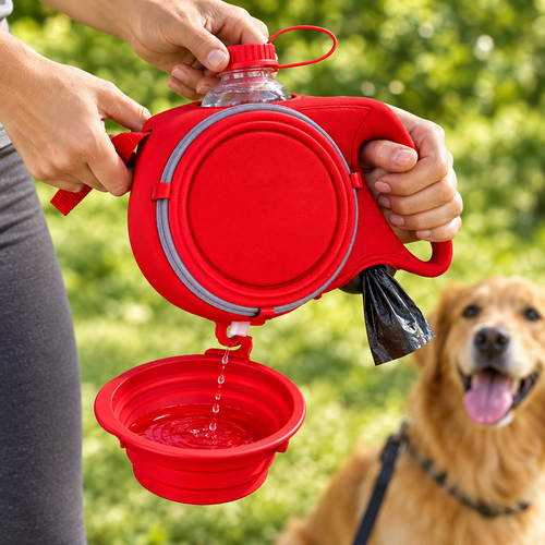 Close-up of hands holding the 4-in-1 dog leash showing the built-in water bottle, bowl and bag dispenser