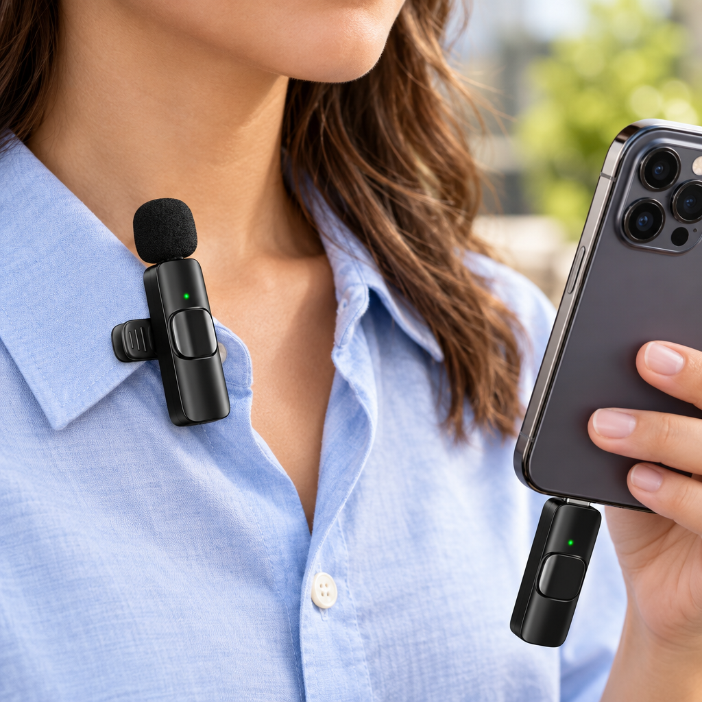 Close-up of the clip-on wireless lavalier microphone on a shirt collar and the plug-in receiver attached to a phone