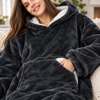 Close-up of the plush double-layer sherpa lining and big front pocket of the wearable blanket hoodie
