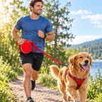 A man jogging with his dog on a trail holding the 4-in-1 dog leash with water bottle
