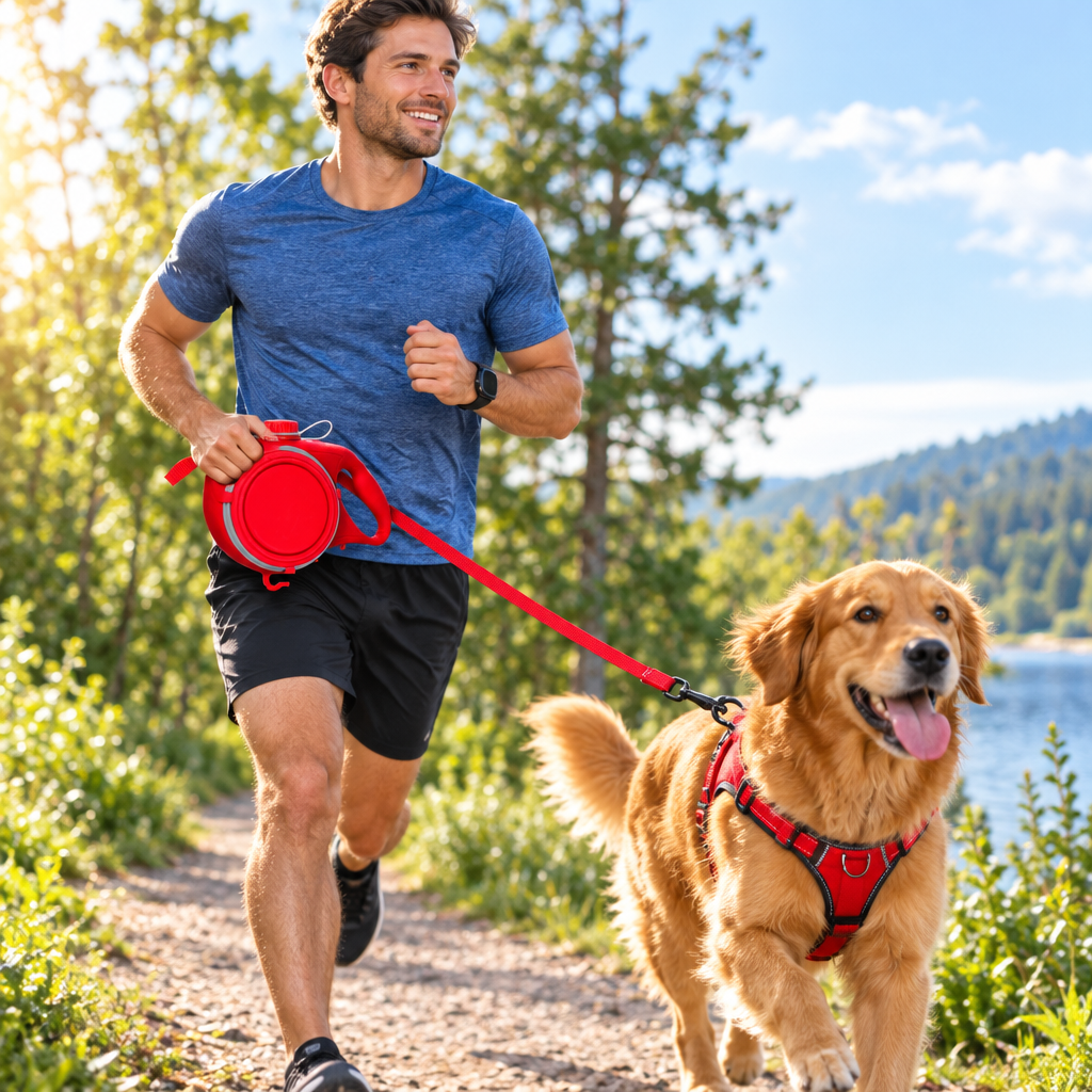 A man jogging with his dog on a trail holding the 4-in-1 dog leash with water bottle