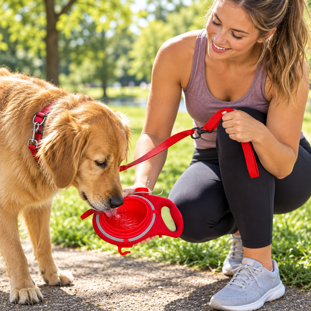 A woman on a sunny park walk letting her dog drink from the pop-off bowl of the 4-in-1 dog leash with water bottle